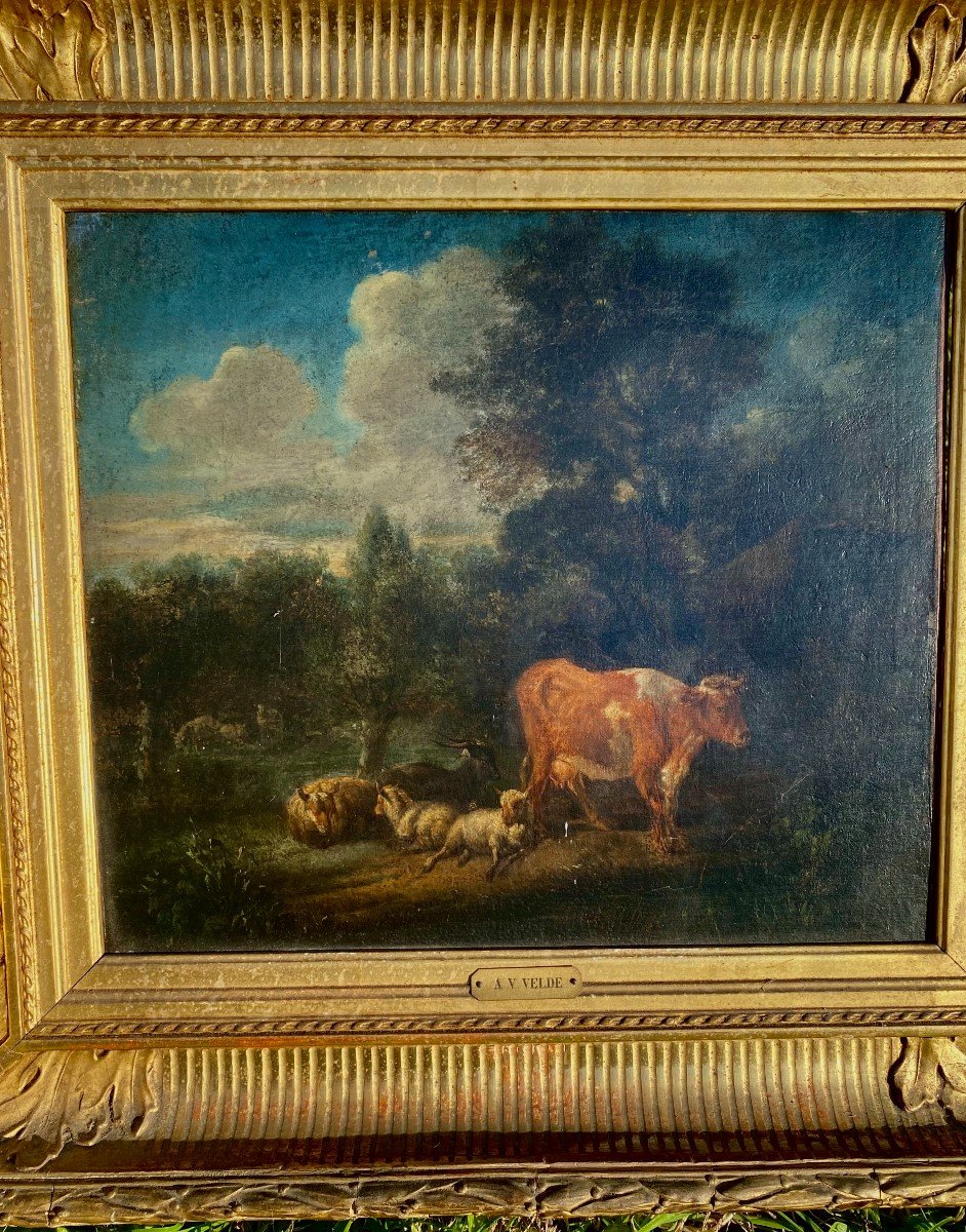 Beautiful Country Oil Signed Adriaen Van De Velde. Dutch School. Channel Frame. 17th Century -photo-4