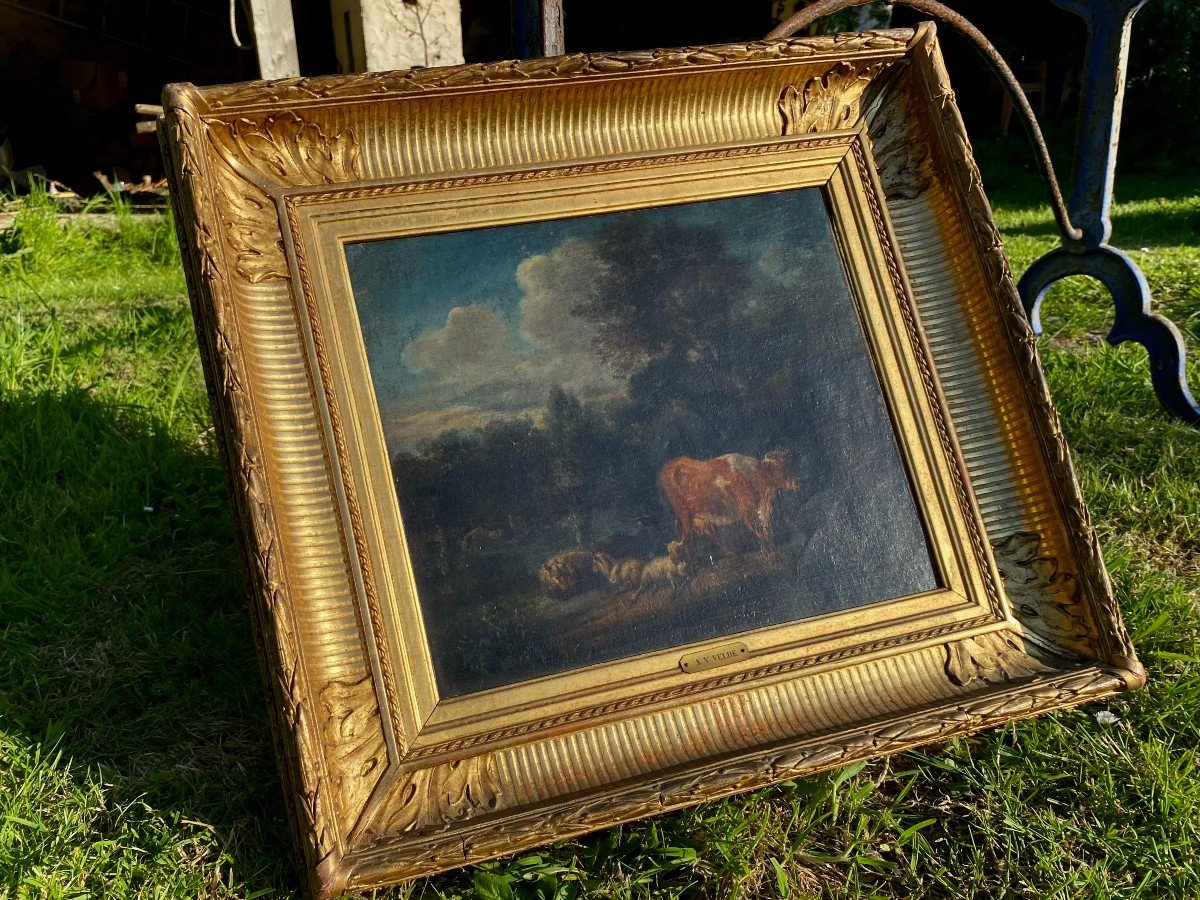 Beautiful Country Oil Signed Adriaen Van De Velde. Dutch School. Channel Frame. 17th Century -photo-3