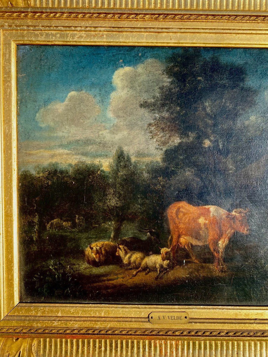 Beautiful Country Oil Signed Adriaen Van De Velde. Dutch School. Channel Frame. 17th Century -photo-5