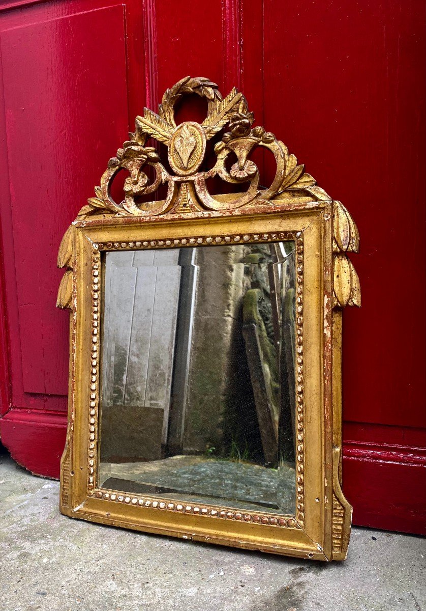 Charmant Petit Miroir De Mariage. Epoque Louis XVI. Cadre En Bois Doré. Mercure Biseauté. XVIII-photo-4