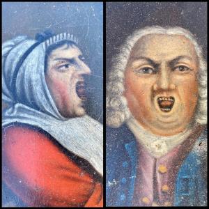 Astonishing Pair Of Small Burlesque Portraits: Italian Comedy. Eighteenth Century.