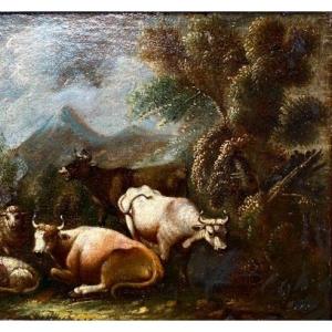 Animal Scene. Oil On Canvas. Flemish School. Style Frame. Period 18th Century. 