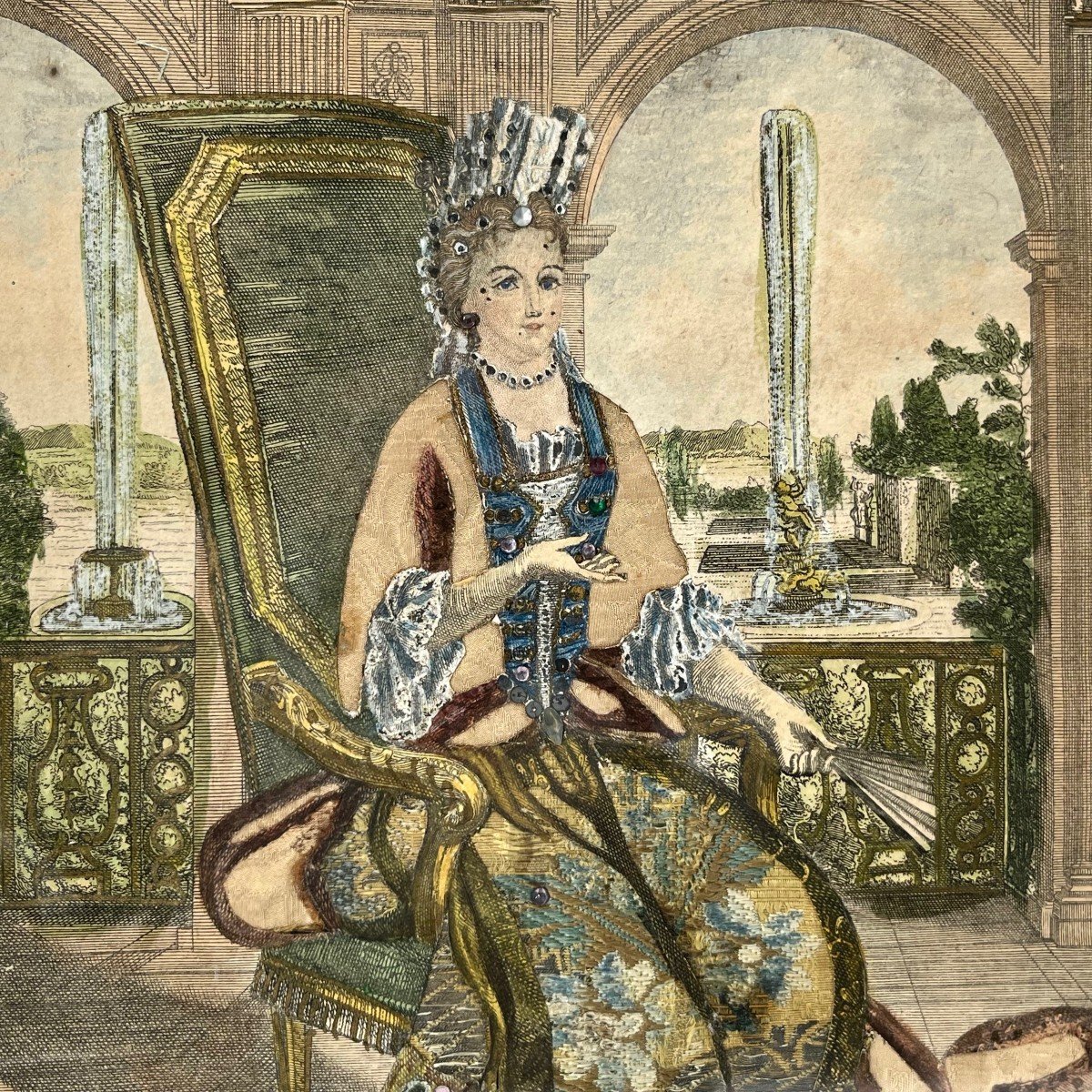 Gravure habillée XVIIIe rehaussée de perles Anne Marie d'Orléans Duchesse de Savoie-photo-2