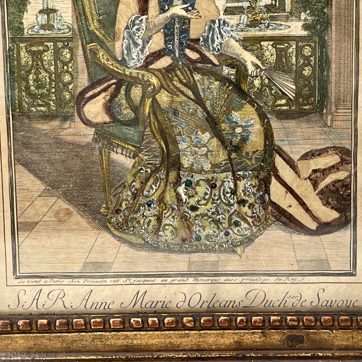 Gravure habillée XVIIIe rehaussée de perles Anne Marie d'Orléans Duchesse de Savoie-photo-4