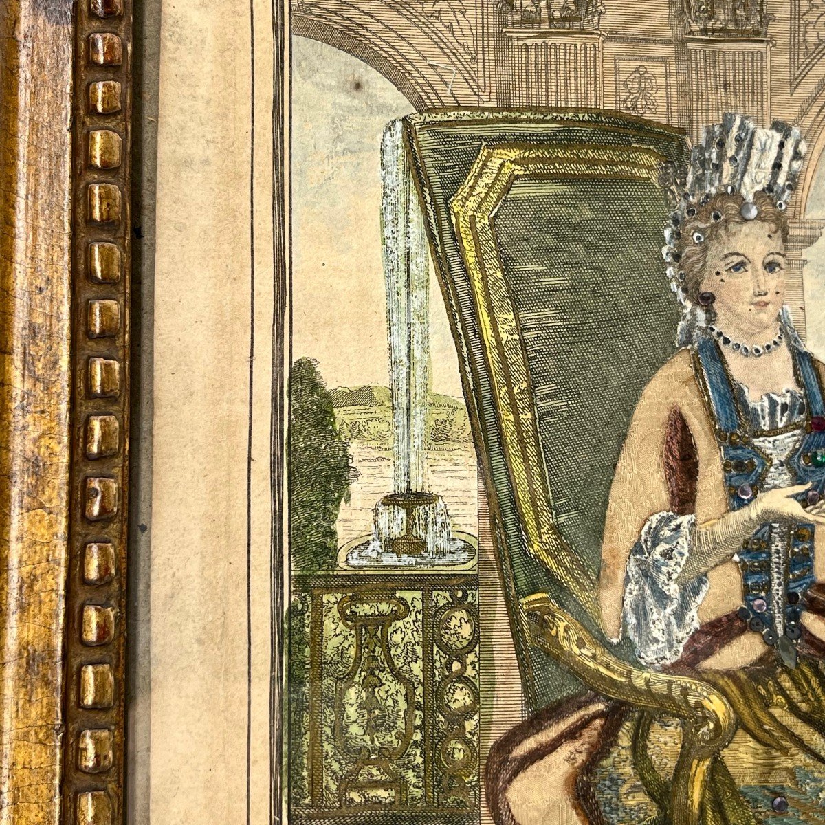 Gravure habillée XVIIIe rehaussée de perles Anne Marie d'Orléans Duchesse de Savoie-photo-4