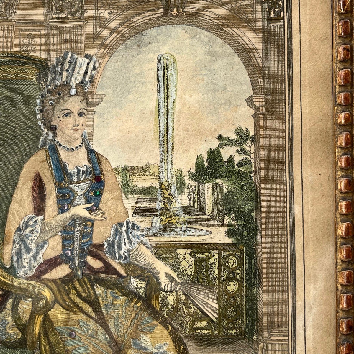 Gravure habillée XVIIIe rehaussée de perles Anne Marie d'Orléans Duchesse de Savoie-photo-5