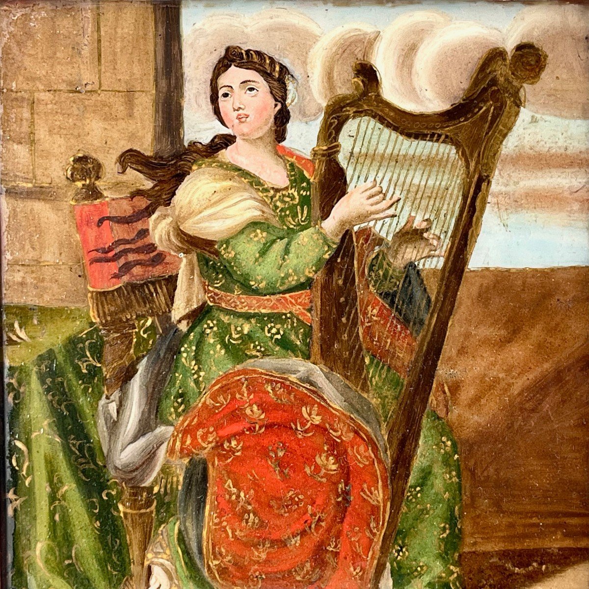 Peinture en fixé sous verre, Sainte Cécile patronne des musiciens à la harpe-photo-2