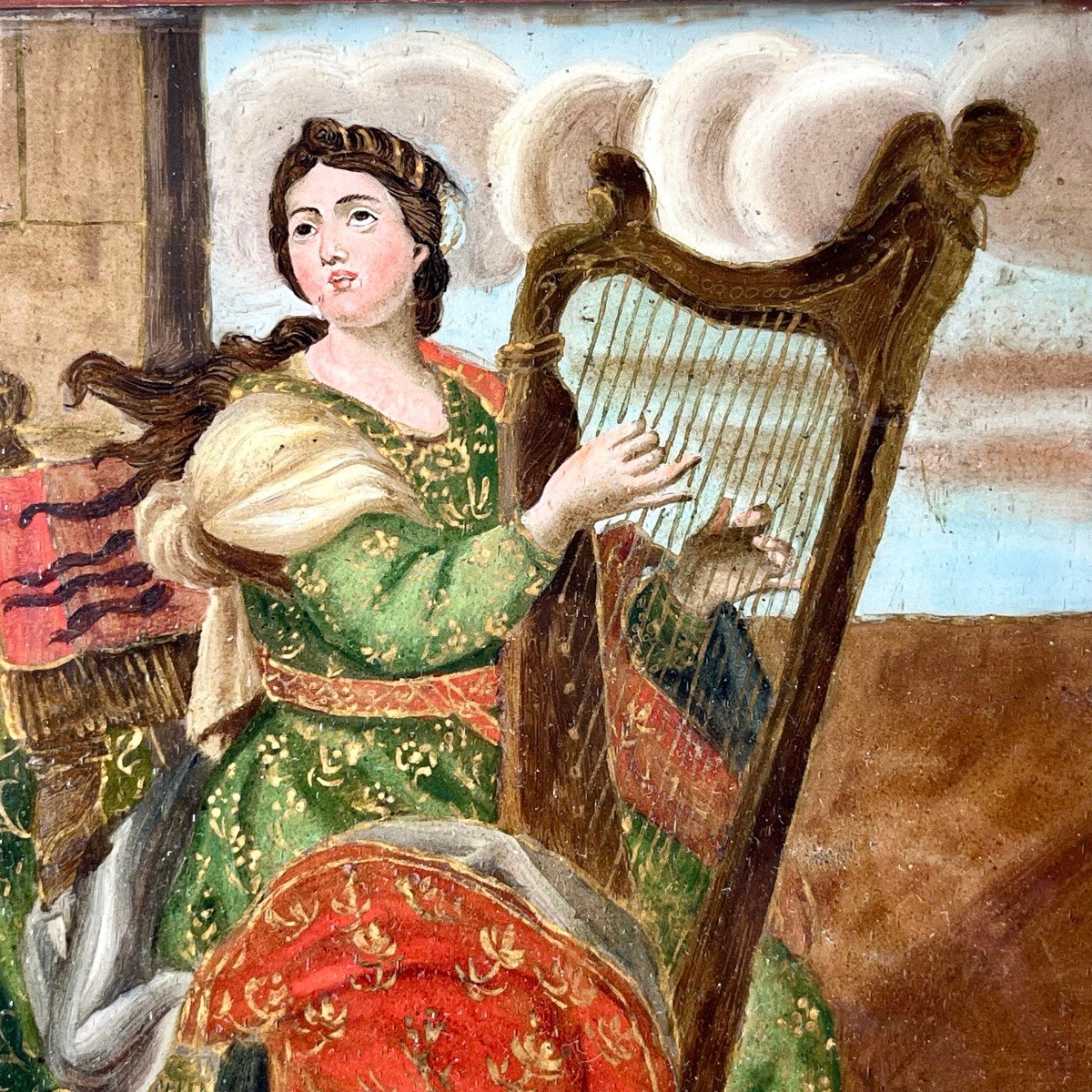 Peinture en fixé sous verre, Sainte Cécile patronne des musiciens à la harpe-photo-3