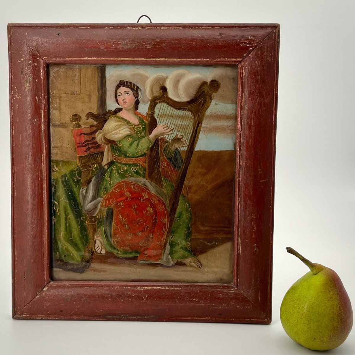 Peinture en fixé sous verre, Sainte Cécile patronne des musiciens à la harpe-photo-4