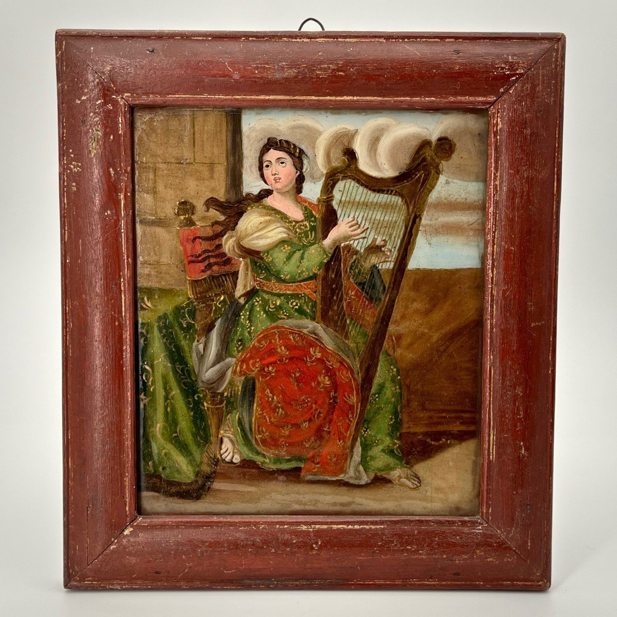 Peinture en fixé sous verre, Sainte Cécile patronne des musiciens à la harpe