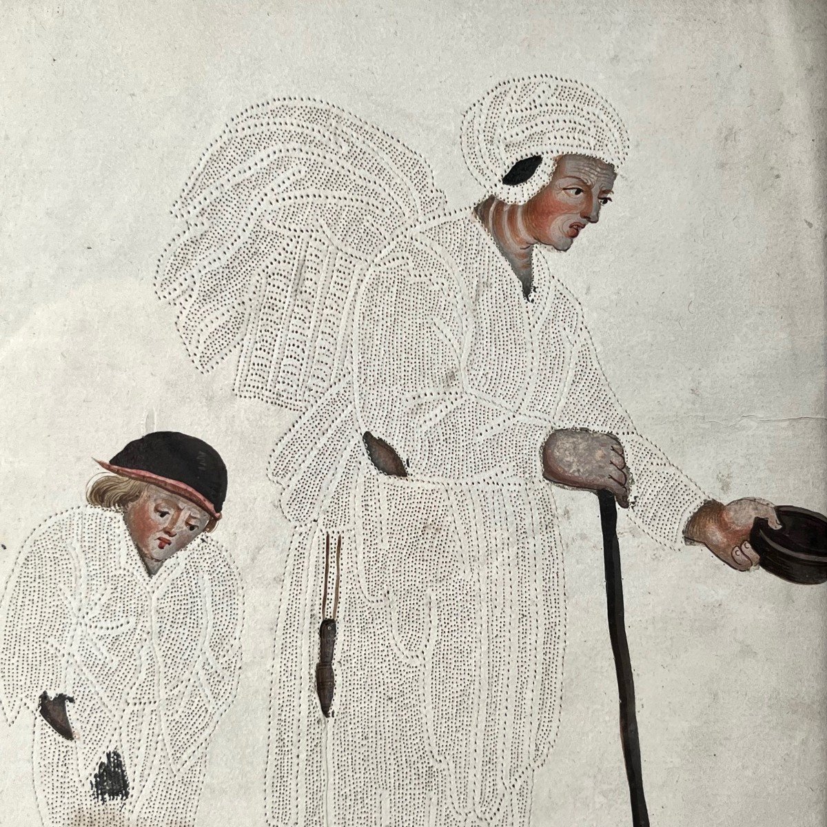 Les mendiants, gouache piquet&eacute;e du d&eacute;but du XIXe si&egrave;cle-photo-2