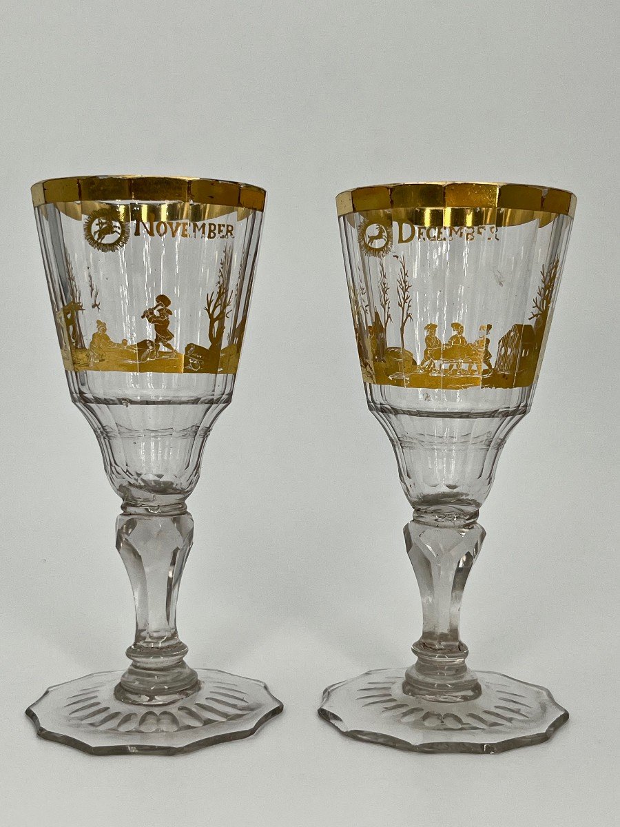 Suite de huit verres XVIIIe à décor doré des activités paysannes et des signes du zodiaque 18e-photo-2