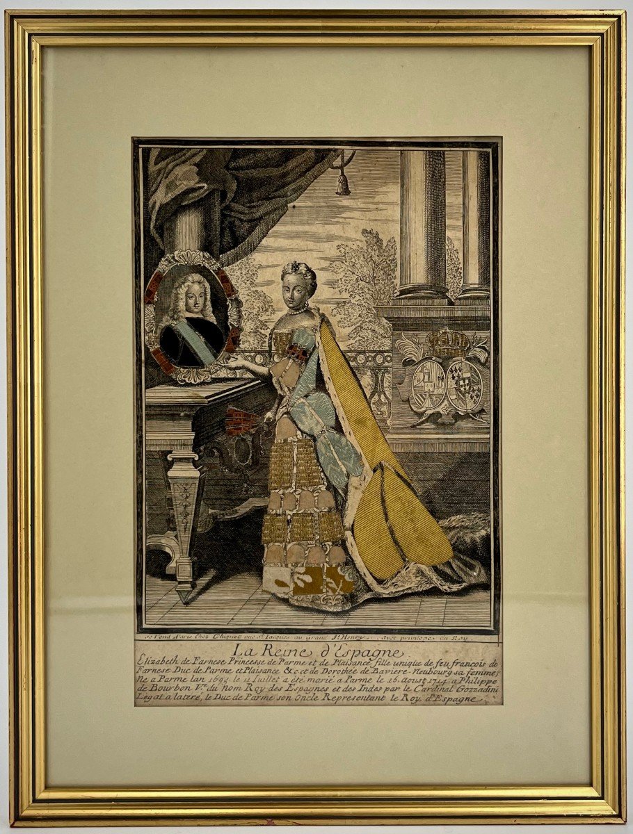 Gravure habillée XVIIIe la Reine d'Espagne Élisabeth Farnèse 18e à Paris chez Chiquet royauté-photo-2