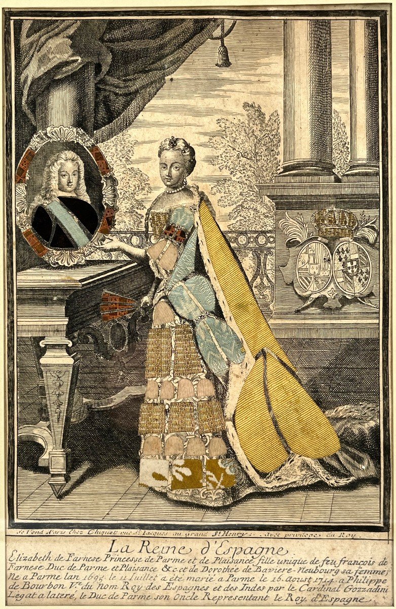 Gravure habillée XVIIIe la Reine d'Espagne Élisabeth Farnèse 18e à Paris chez Chiquet royauté-photo-3