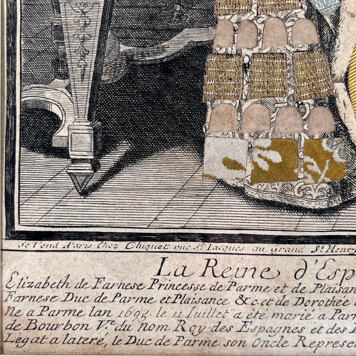 Gravure habillée XVIIIe la Reine d'Espagne Élisabeth Farnèse 18e à Paris chez Chiquet royauté-photo-2