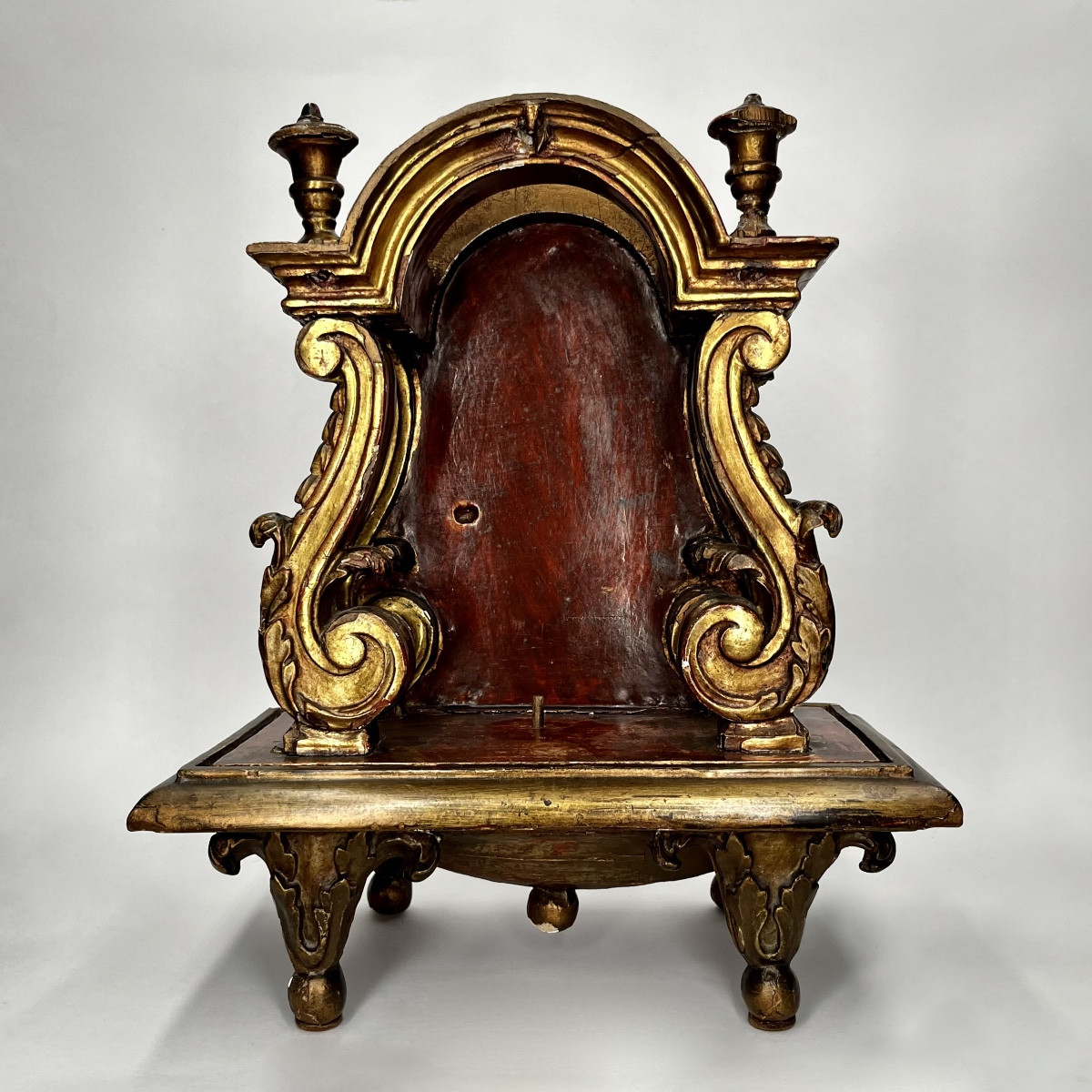 Baroque Niche Or Presentation Altar In Red And Gold Wood, Pedestal Display Base, 19th Century-photo-2