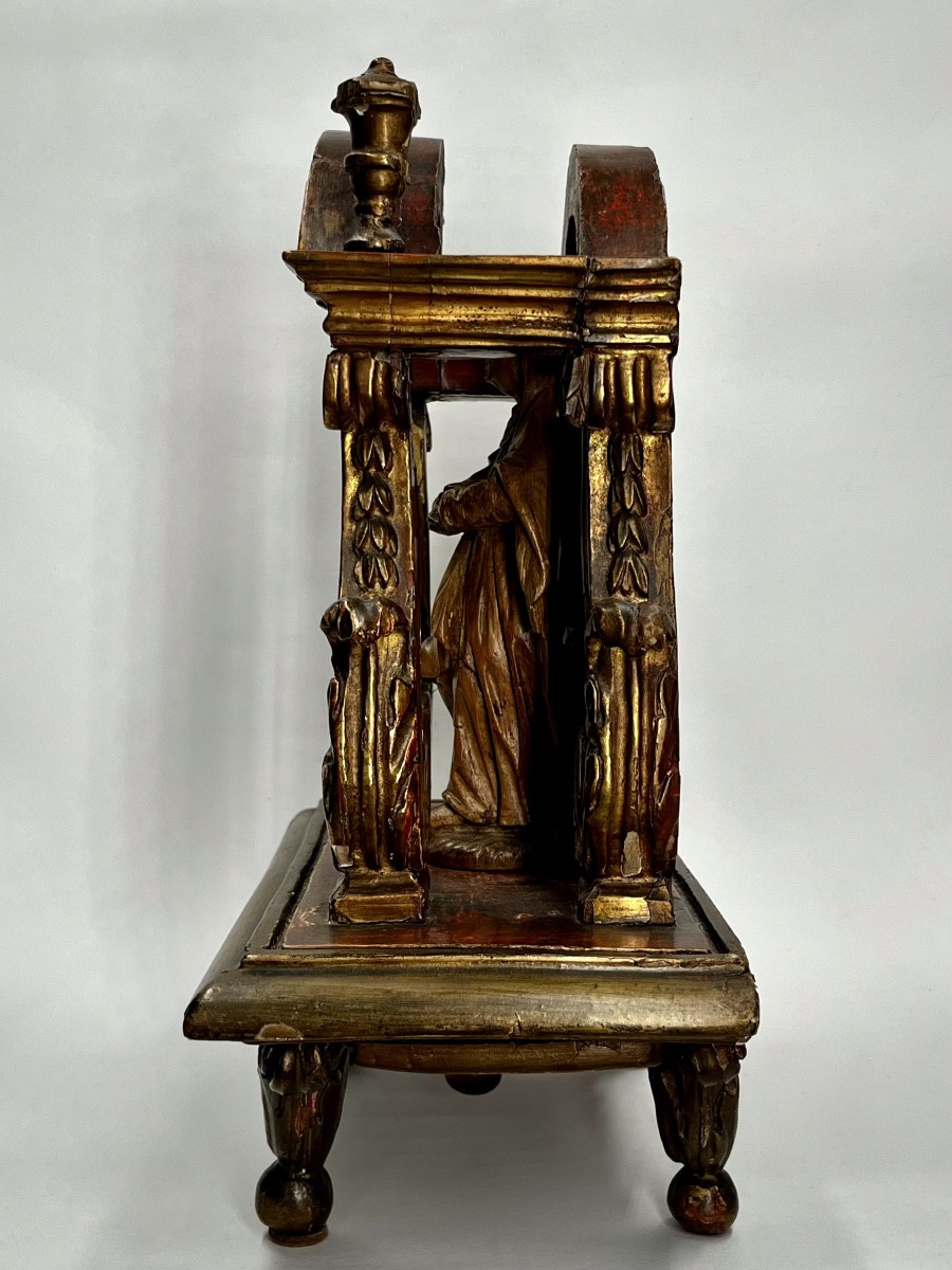 Baroque Niche Or Presentation Altar In Red And Gold Wood, Pedestal Display Base, 19th Century-photo-3