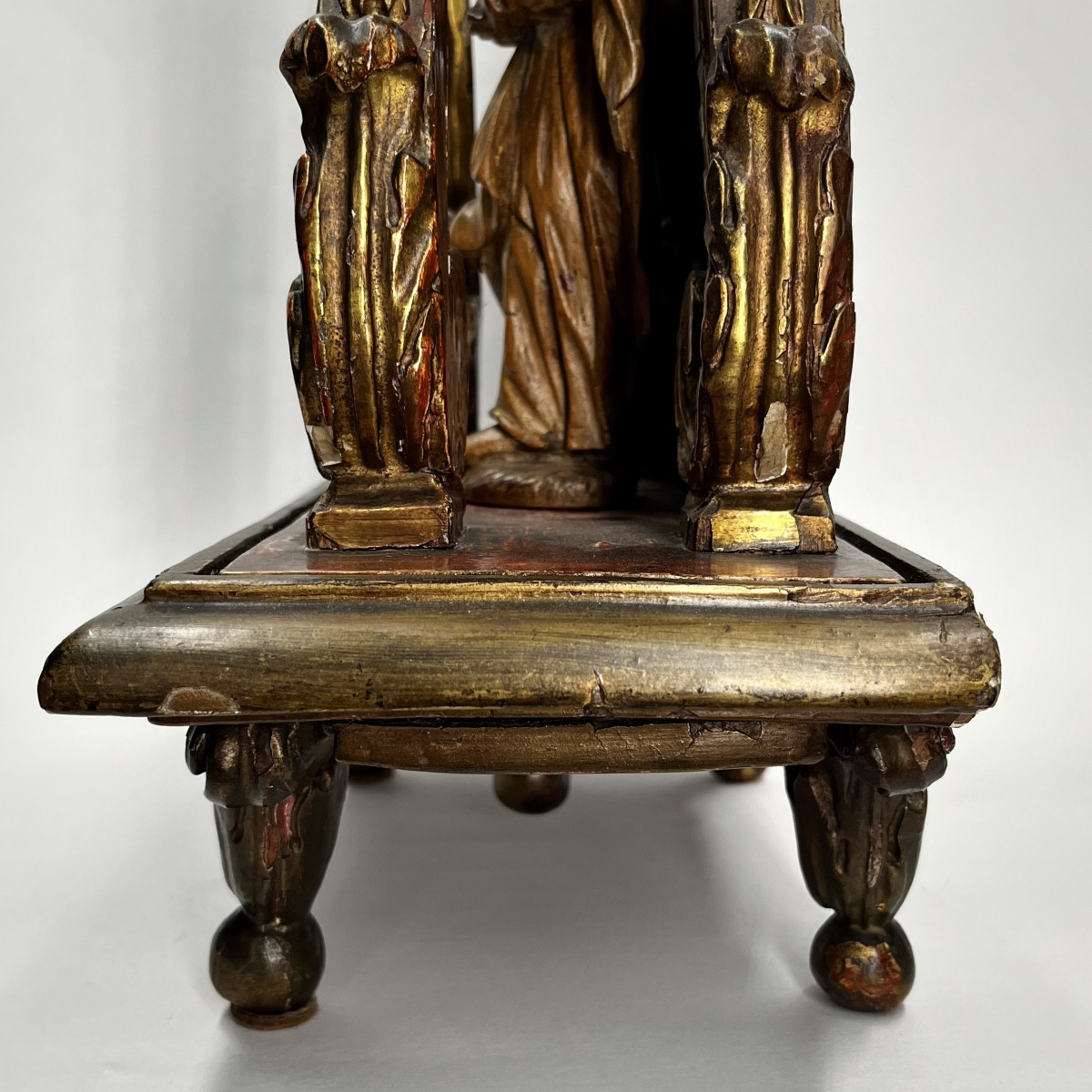 Baroque Niche Or Presentation Altar In Red And Gold Wood, Pedestal Display Base, 19th Century-photo-1