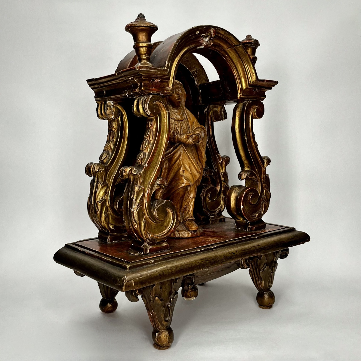 Baroque Niche Or Presentation Altar In Red And Gold Wood, Pedestal Display Base, 19th Century-photo-2
