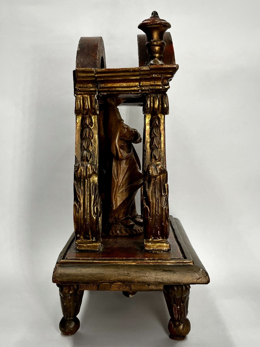 Baroque Niche Or Presentation Altar In Red And Gold Wood, Pedestal Display Base, 19th Century-photo-3