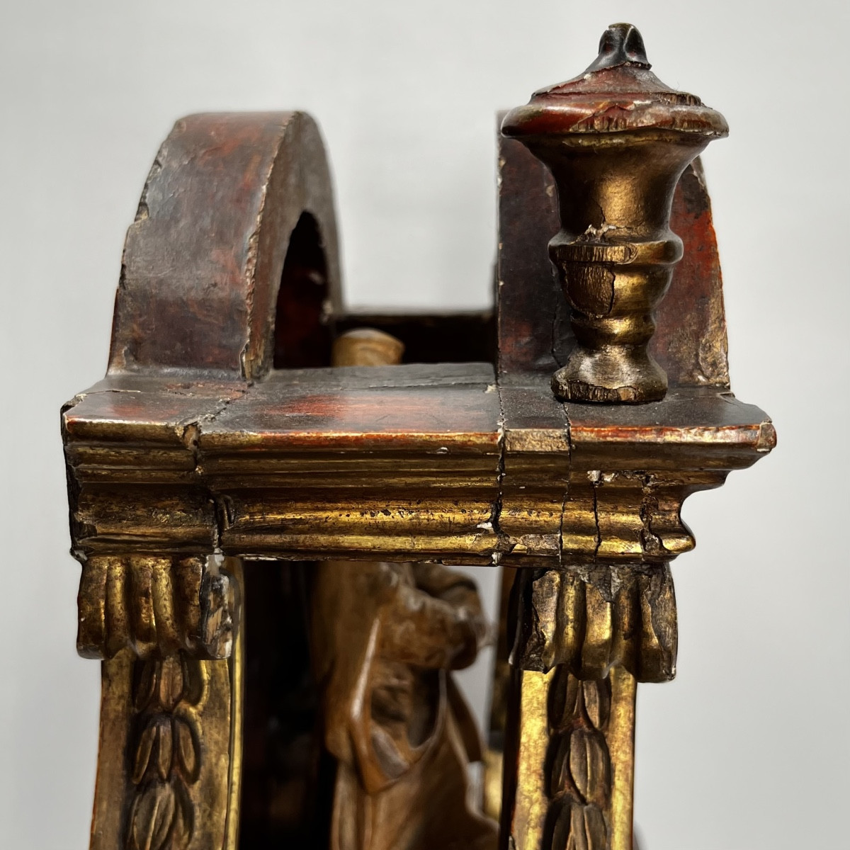 Baroque Niche Or Presentation Altar In Red And Gold Wood, Pedestal Display Base, 19th Century-photo-4