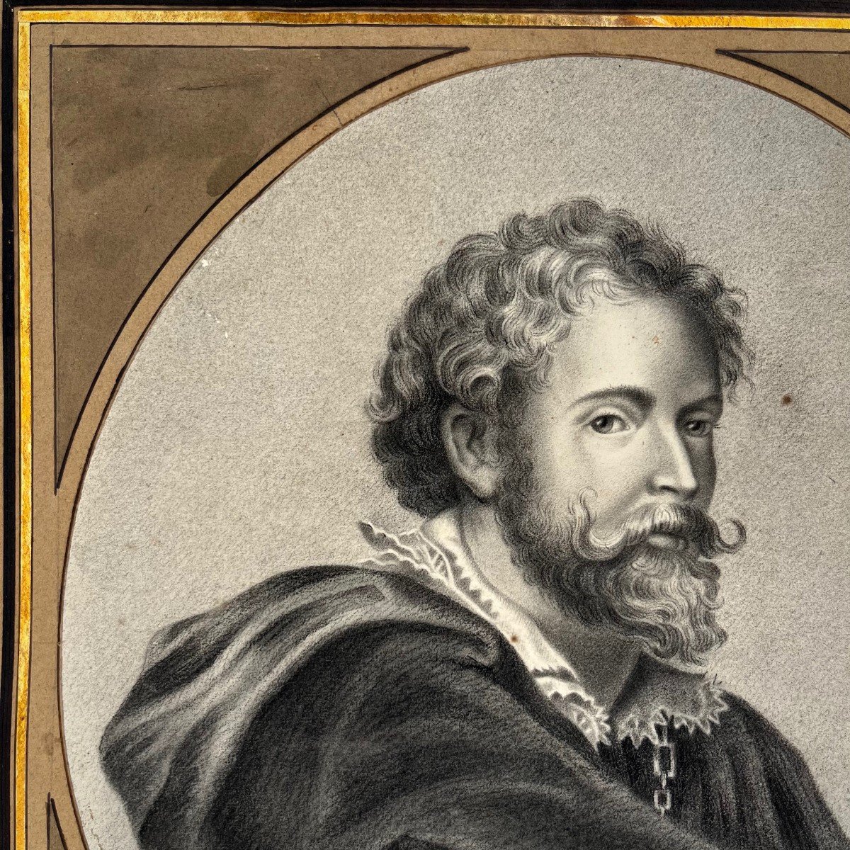 Portrait de peintre : Pierre Paul Rubens, dessin au fusain & estompe d'après Van Dyck, XIXe s. -photo-4
