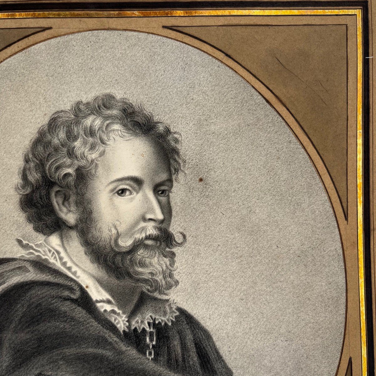 Portrait de peintre : Pierre Paul Rubens, dessin au fusain & estompe d'après Van Dyck, XIXe s. -photo-1