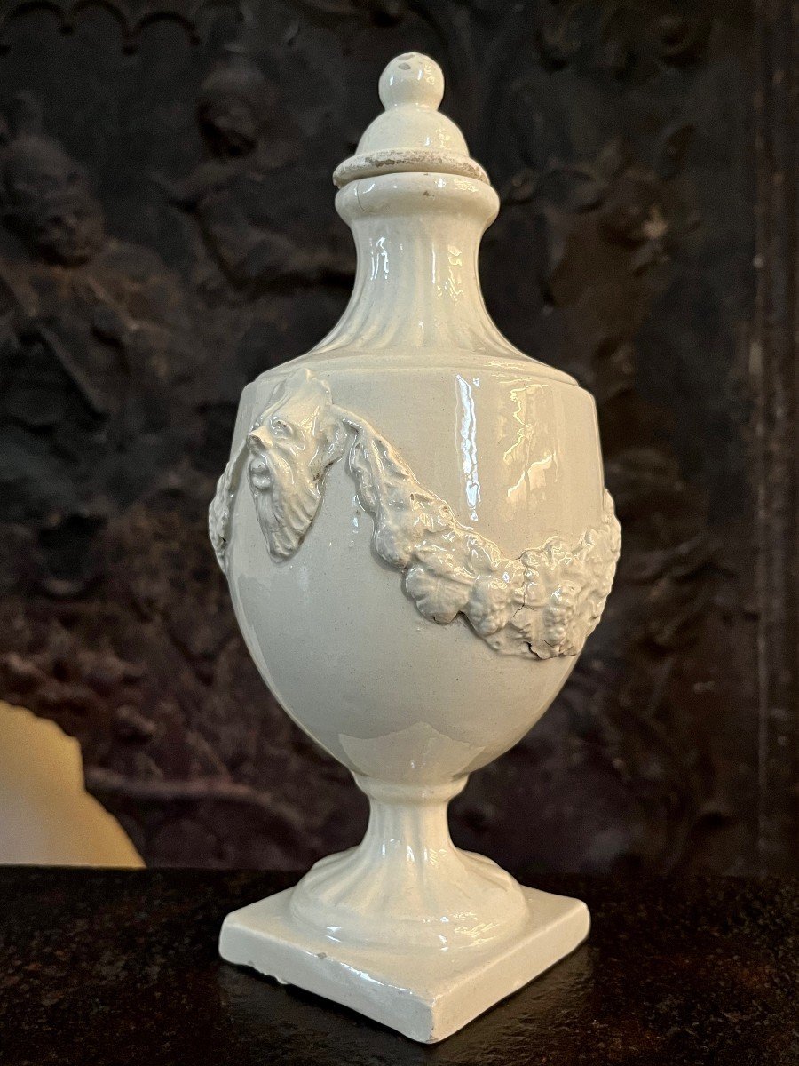 Open Vase Urn With Mascarons In Fine Earthenware 18th And 19th Century In The Taste Of Pont Aux Choux