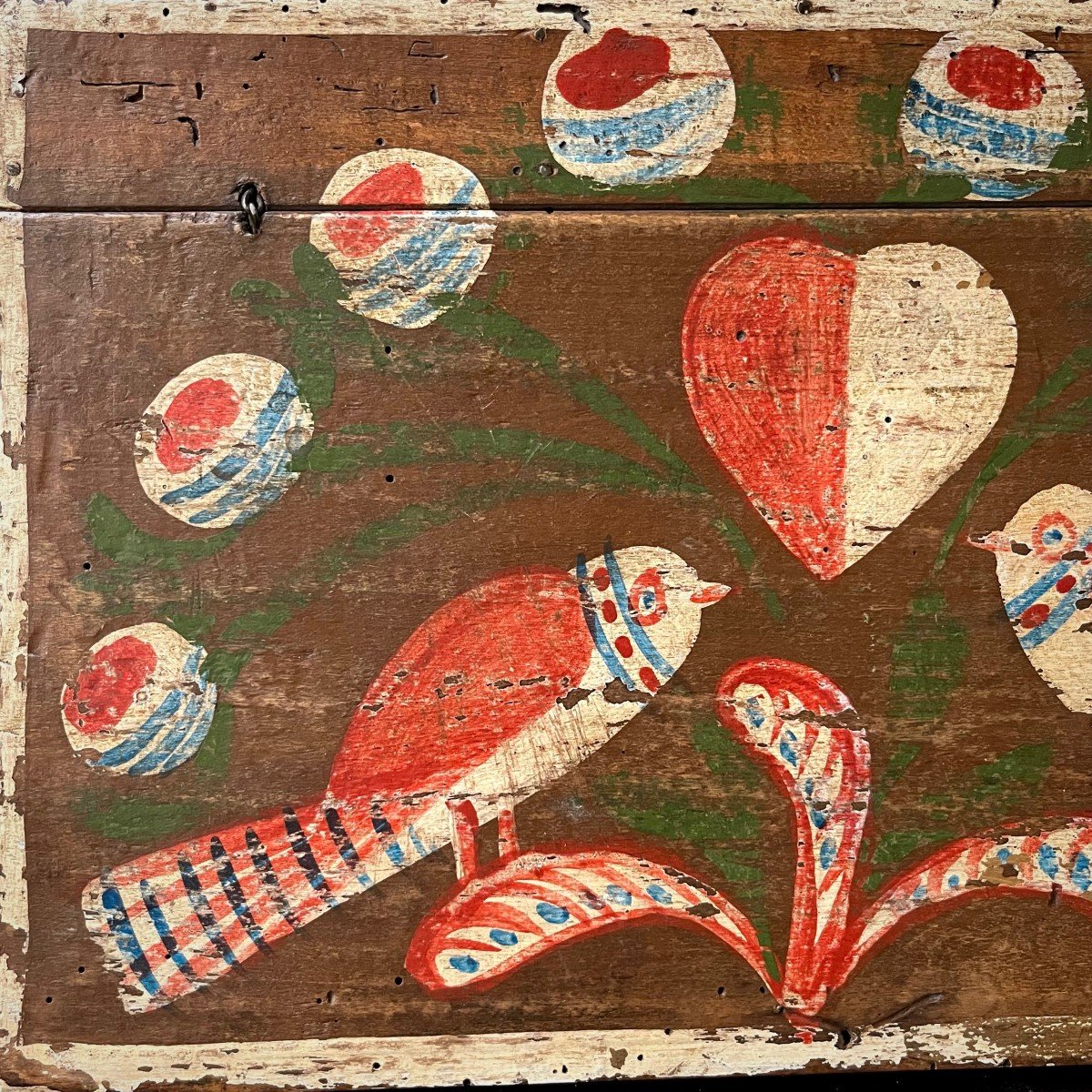 Boîte coffre à compartiments en bois peint d'oiseaux & de coeur XIXe art populaire normand 19e-photo-4
