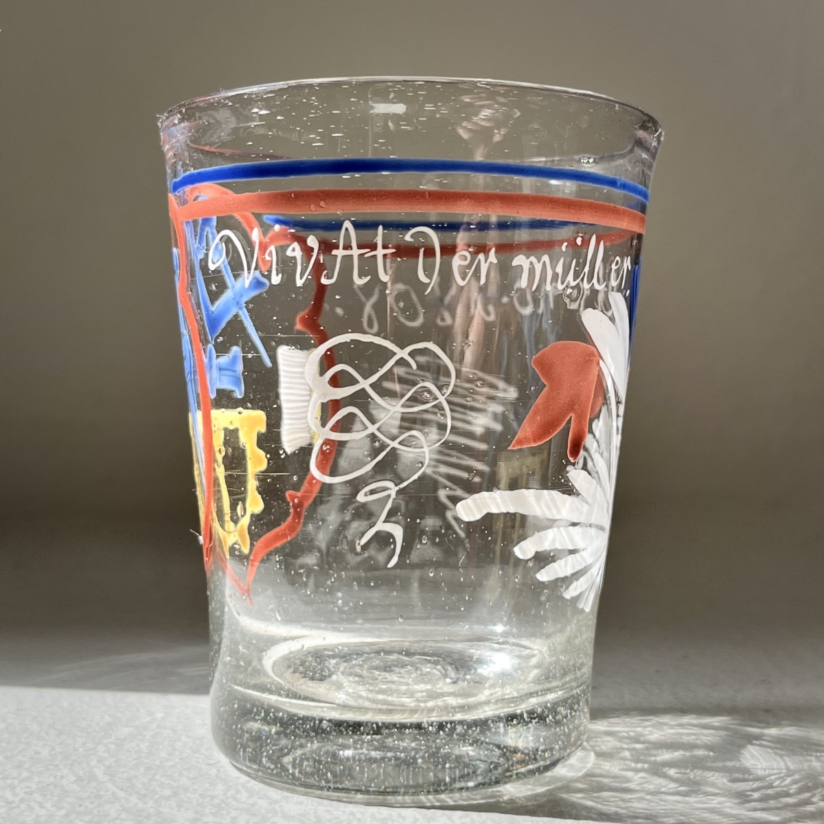 Companion Goblet In Enameled Blown Glass Dated 1808 "long Live The Meunier" 19th Century Popula