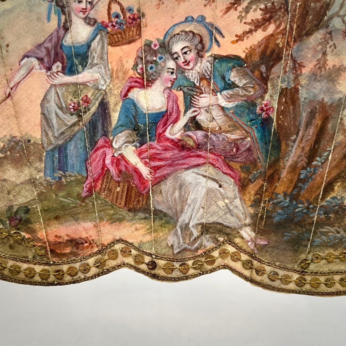 18th Century Fan Leaf Gallant Scene Gouache And Sequins 18th Golden Wood Frame -photo-1