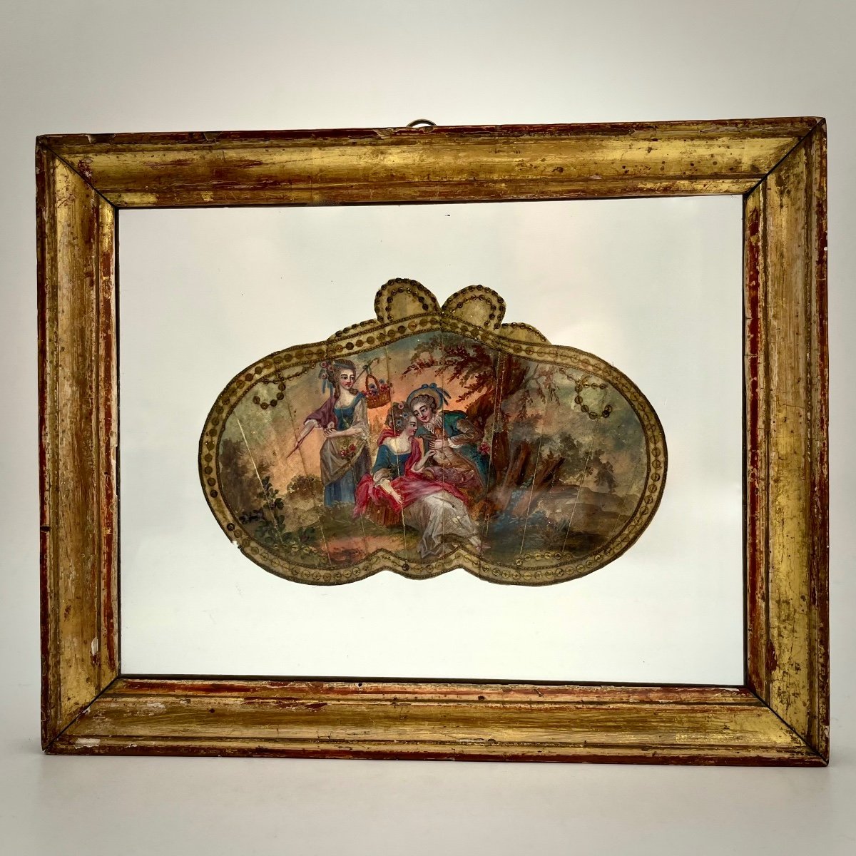 18th Century Fan Leaf Gallant Scene Gouache And Sequins 18th Golden Wood Frame 