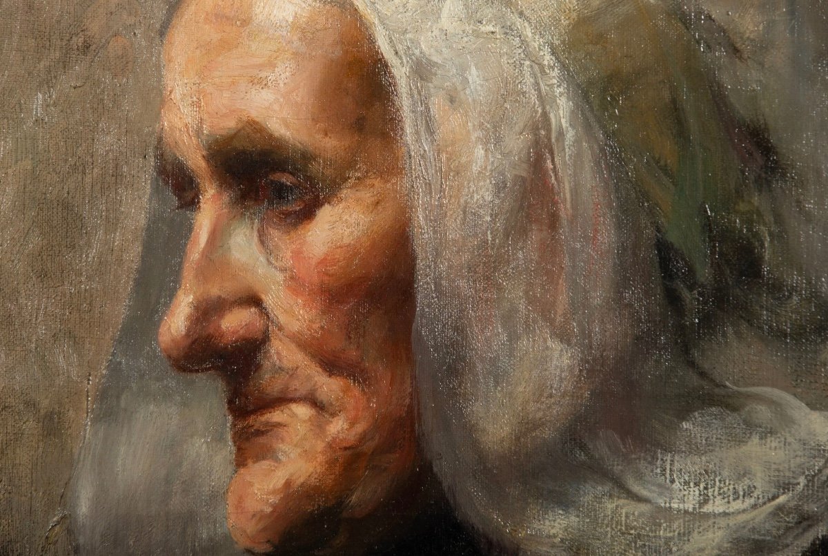 Portrait de femme &agrave; la coiffe - Huile sur toile XIXe ou d&eacute;but XXe - Bretonne ? J. Roosbroeckx-photo-3