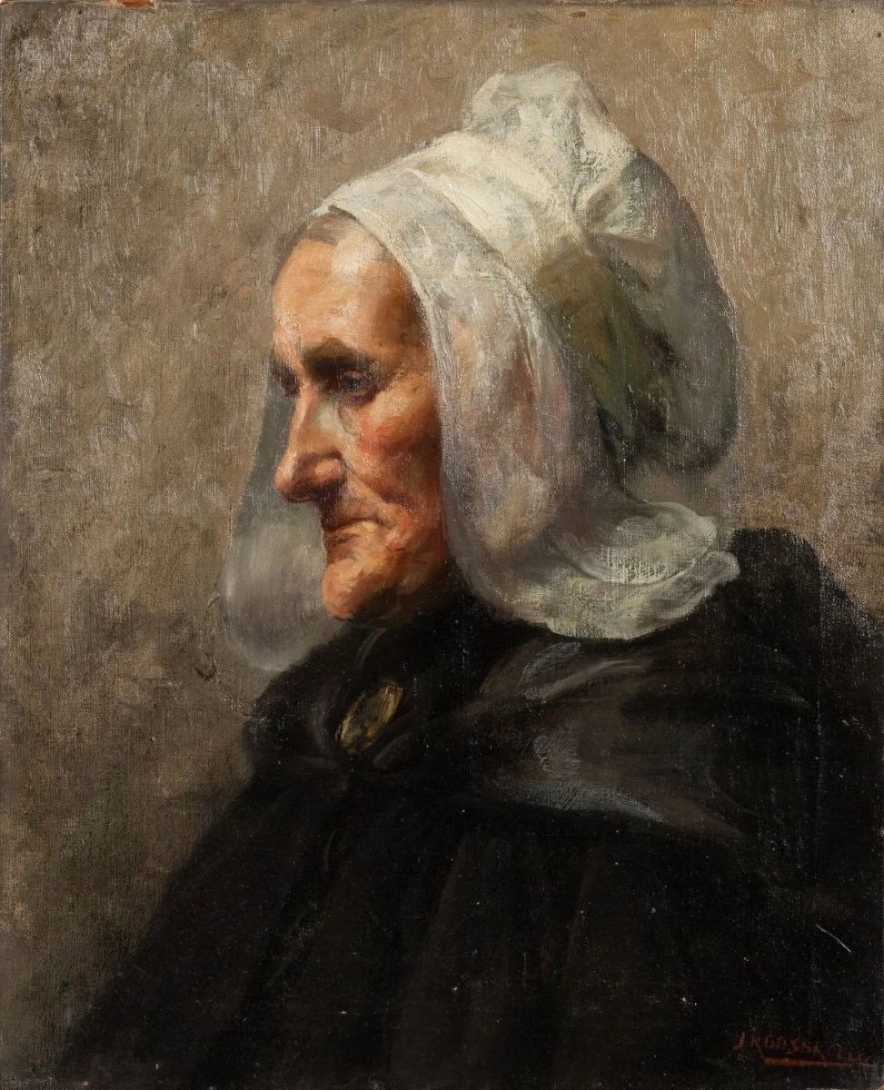 Portrait de femme &agrave; la coiffe - Huile sur toile XIXe ou d&eacute;but XXe - Bretonne ? J. Roosbroeckx