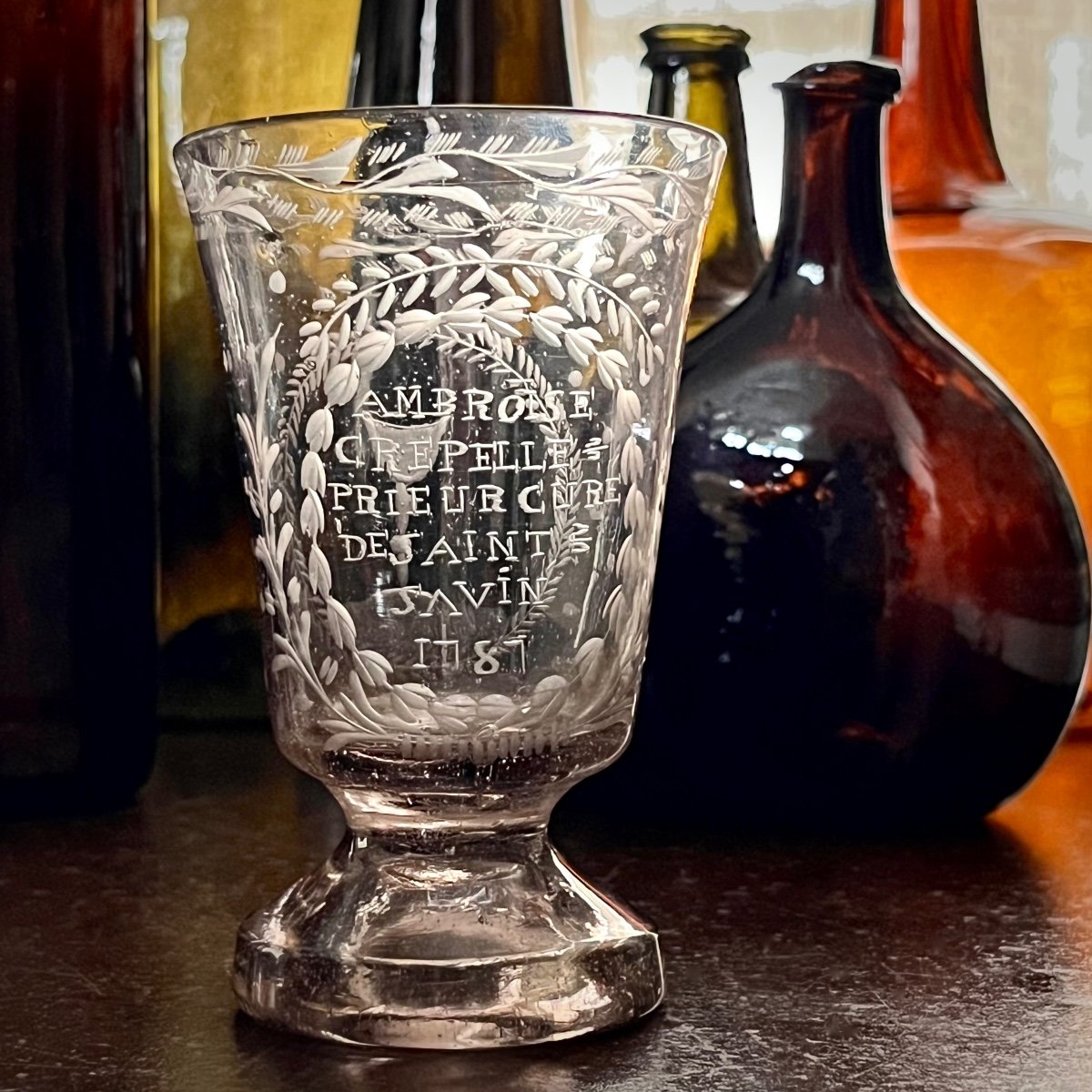 Verre calice patronymique daté 1787 d'Ambroise Crepelle soufflé et gravé XVIIIe siècle 18e-photo-1