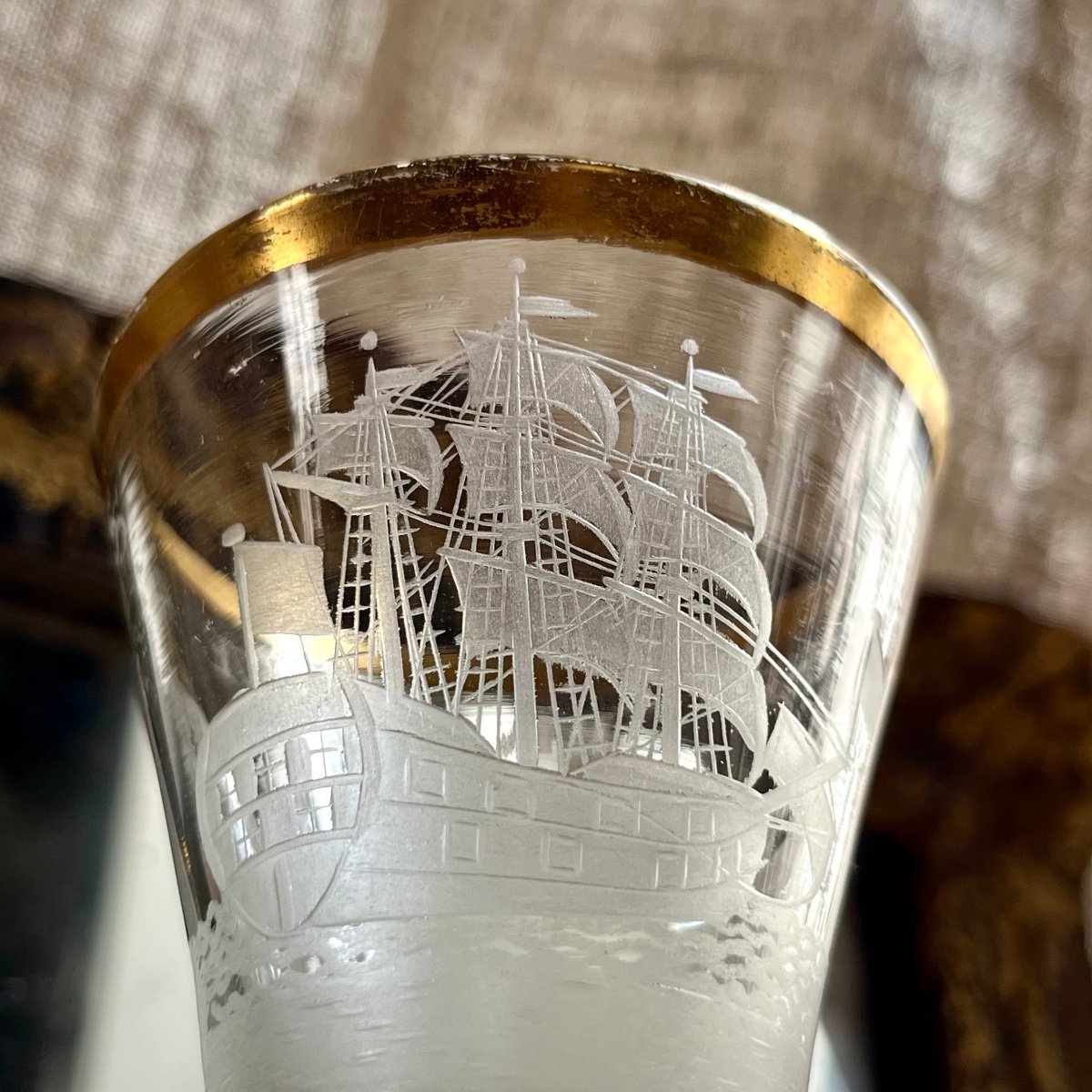 Large Glass With Engraved Decoration Of A Three-masted Ship And A Motto Bohemia 18th Century Ship 18th-photo-5