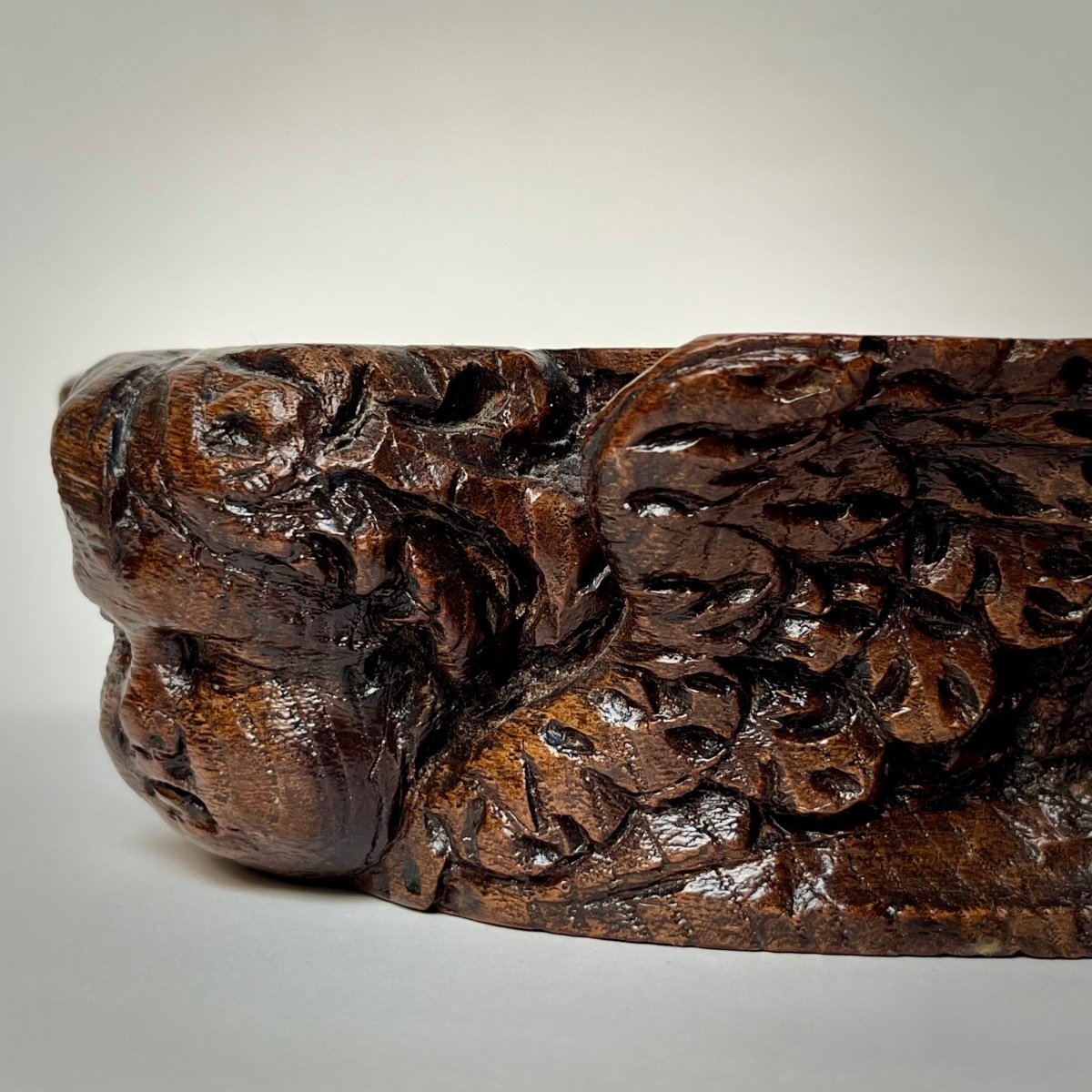 Decorative Element In Carved Wood, Head Of A Winged Angel 17th Century Putto 17th -photo-4