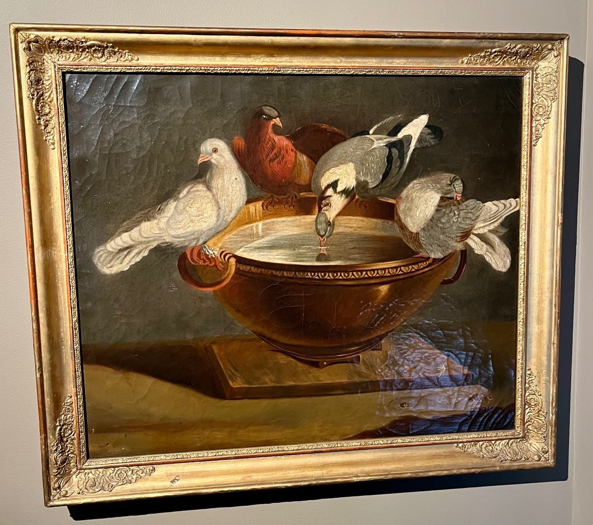 Mosaïque des colombes, huile sur toile XIXe d'après l'oeuvre découverte à Rome au XVIIIe siècle-photo-3
