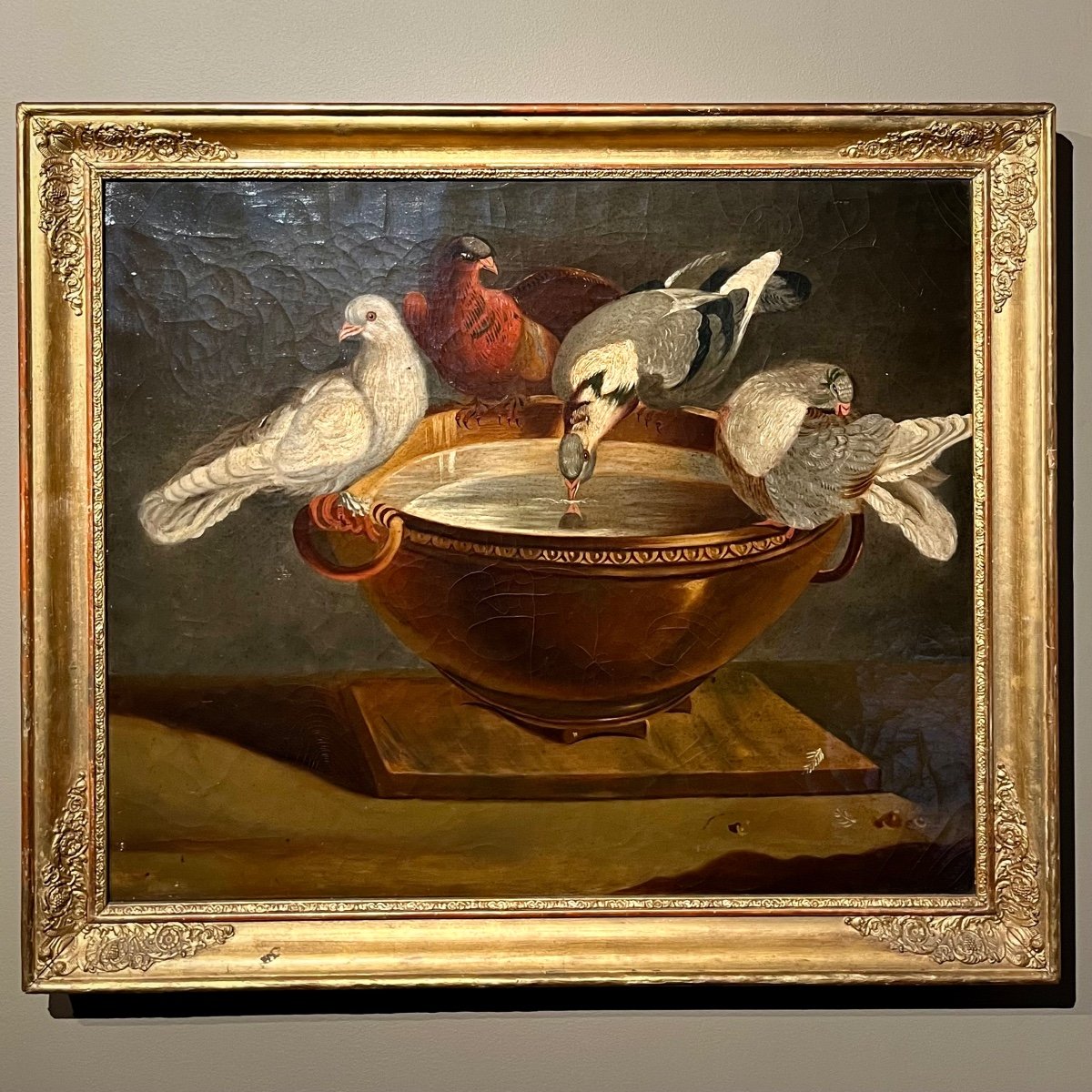 Mosaïque des colombes, huile sur toile XIXe d'après l'oeuvre découverte à Rome au XVIIIe siècle-photo-7