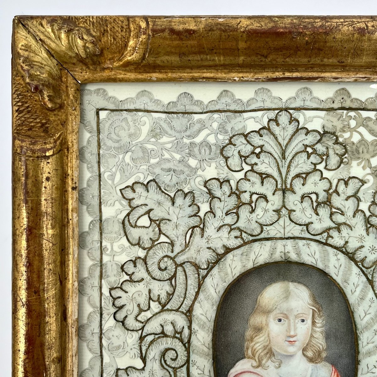 Canivet XVIIIe à décor de gouache miniature enfant Jésus dans un cadre en bois doré 18e siècle-photo-3