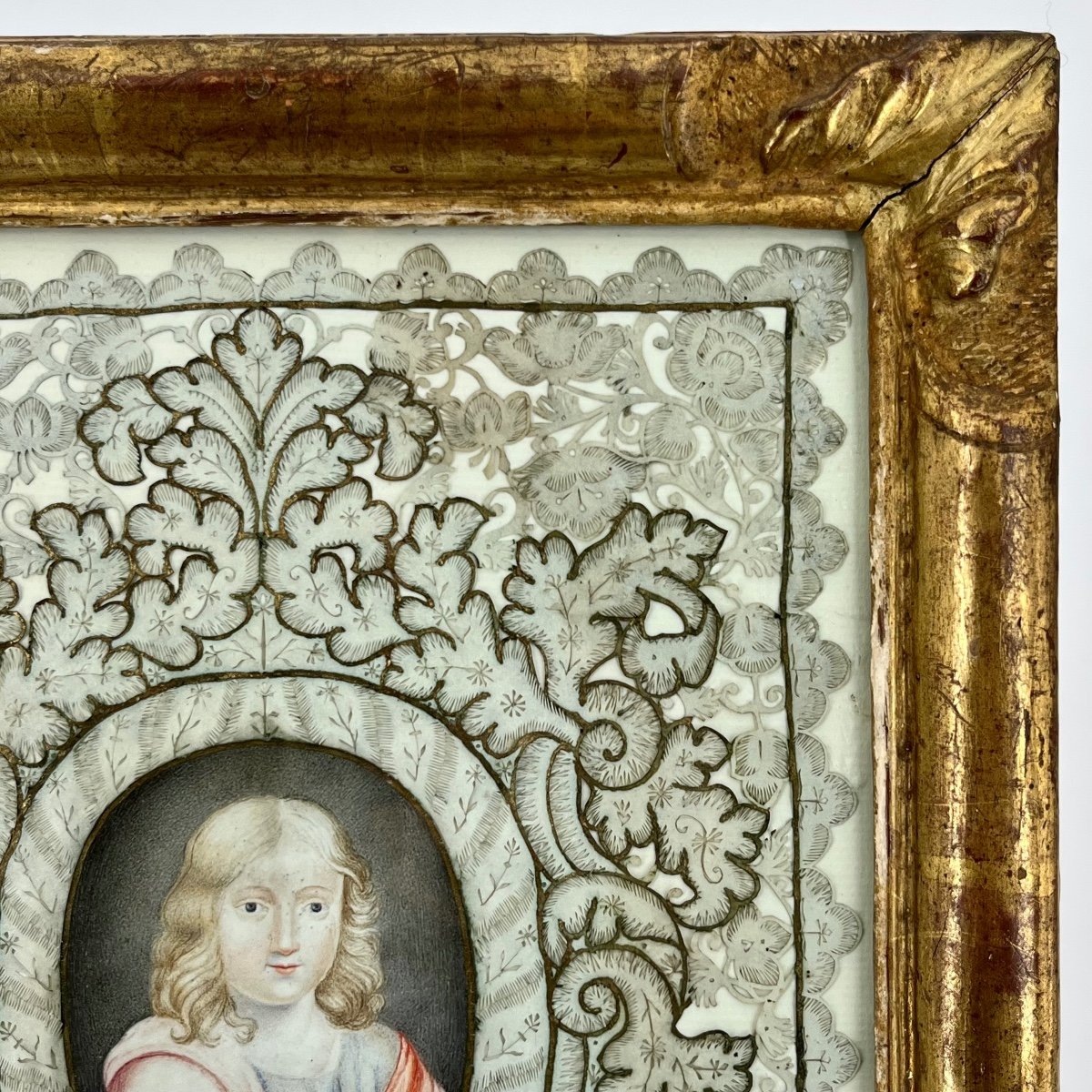 Canivet XVIIIe à décor de gouache miniature enfant Jésus dans un cadre en bois doré 18e siècle-photo-4