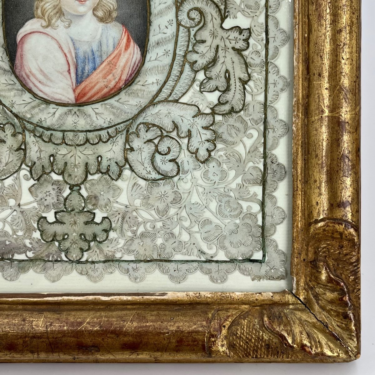 Canivet XVIIIe à décor de gouache miniature enfant Jésus dans un cadre en bois doré 18e siècle-photo-1