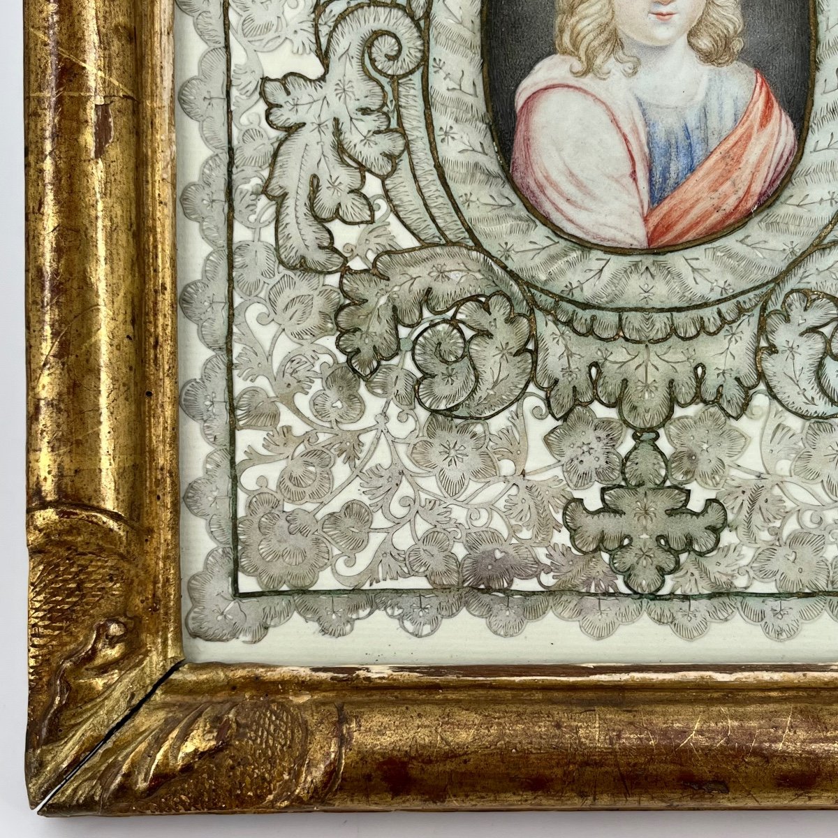 Canivet XVIIIe à décor de gouache miniature enfant Jésus dans un cadre en bois doré 18e siècle-photo-2