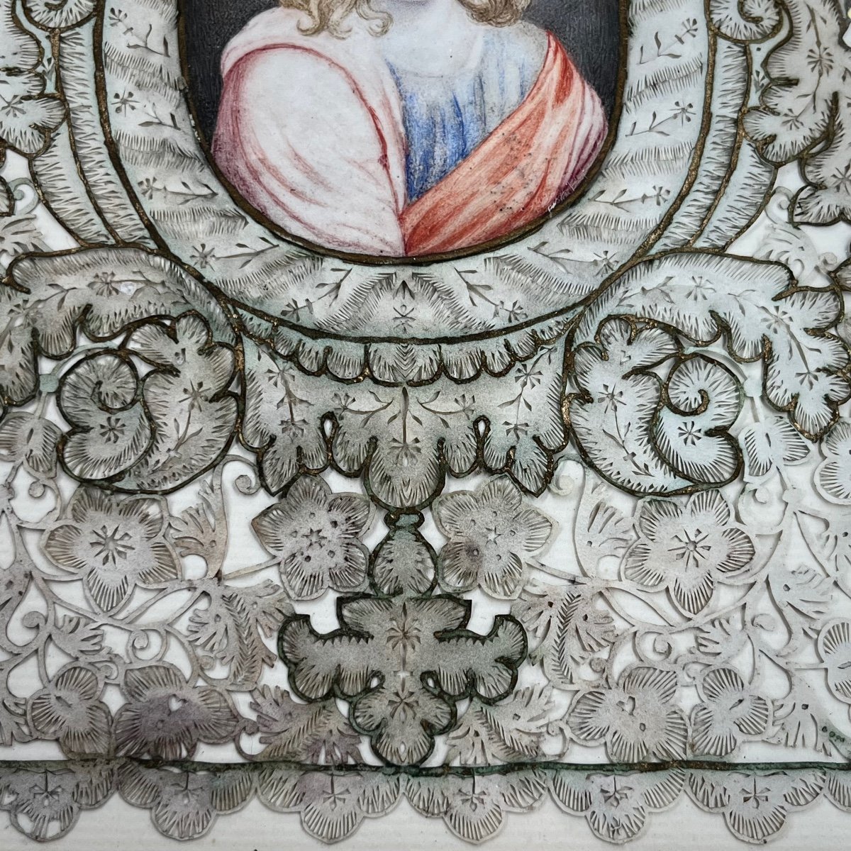 Canivet XVIIIe à décor de gouache miniature enfant Jésus dans un cadre en bois doré 18e siècle-photo-3