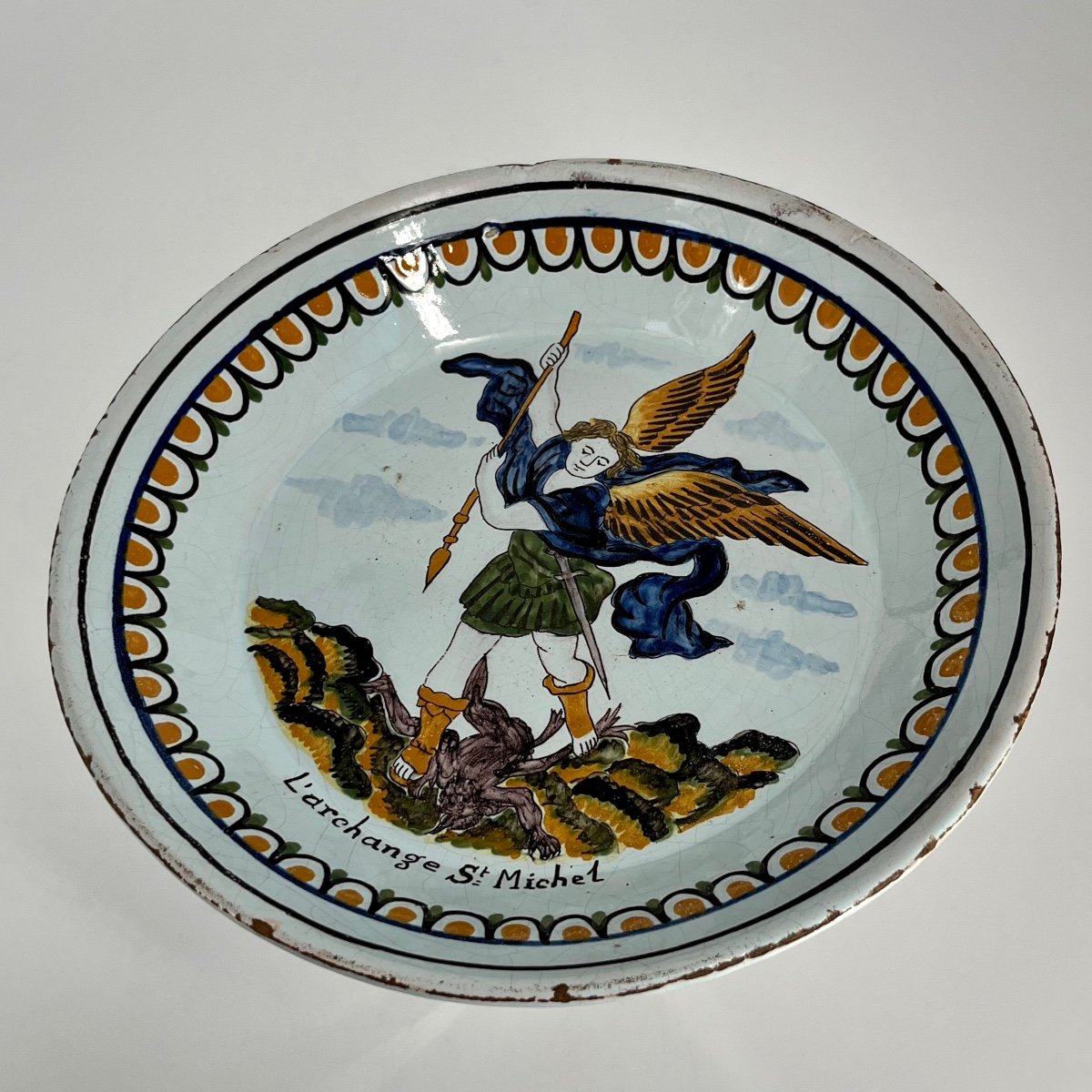 The Archangel Saint Michael Defeating The Demon - Nevers Earthenware Plate 18th 19th Century-photo-7