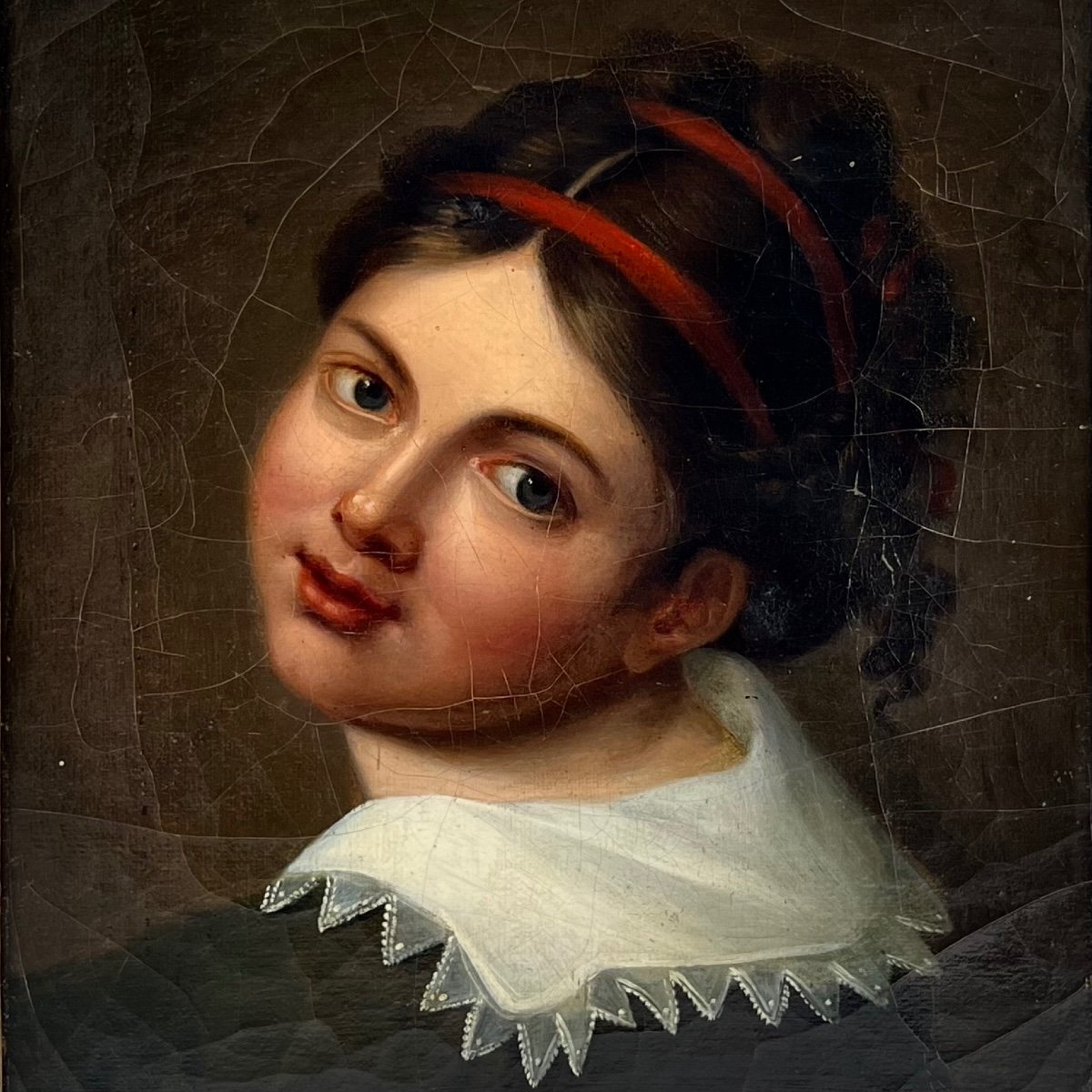 Portrait de jeune fille, huile sur toile XIXe dans un cadre en bois dor&eacute; peinture 19e si&egrave;cle -photo-2