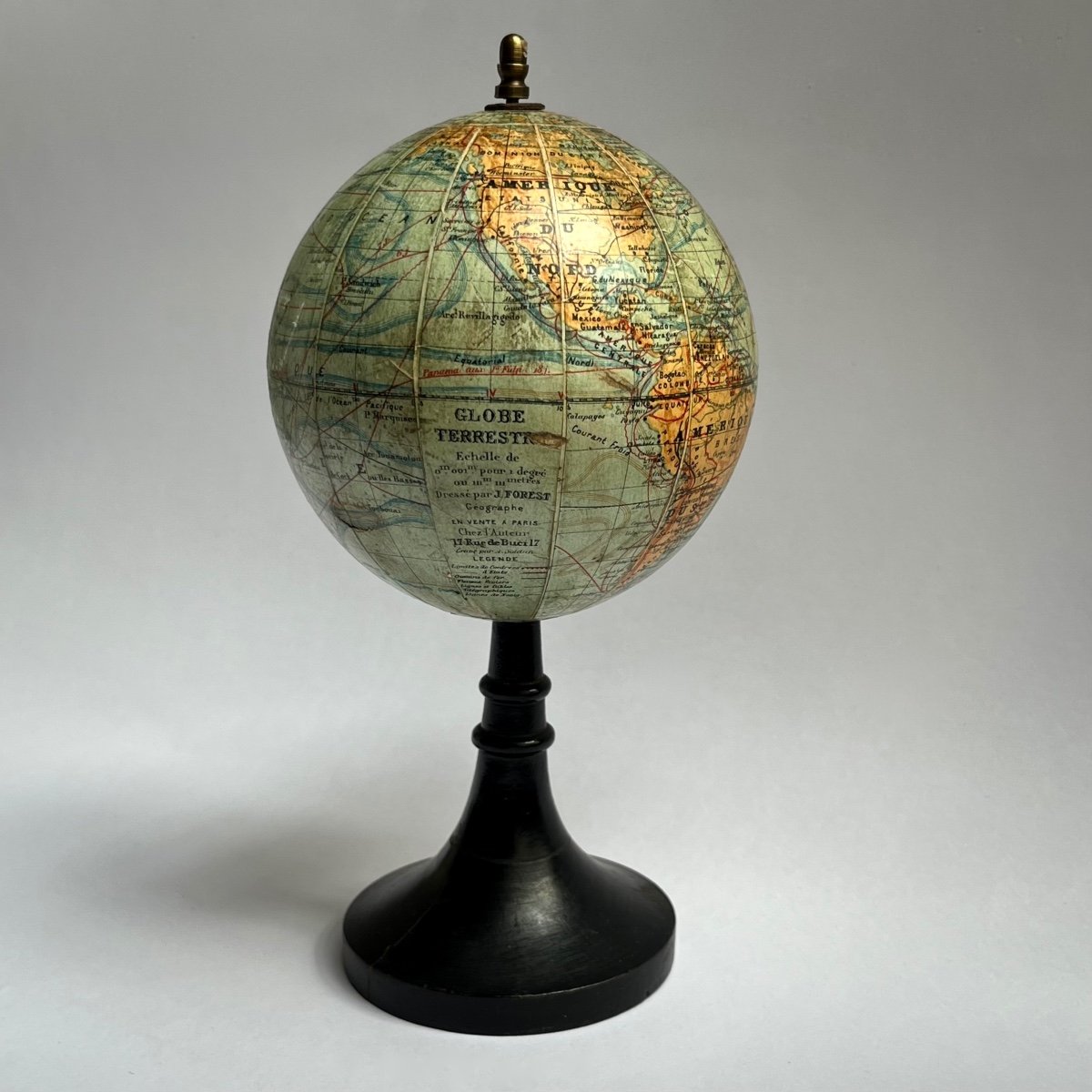 Miniature Terrestrial Globe J. Forest Late 19th - Early 20th Century World Map On Blackened Wooden Base-photo-1