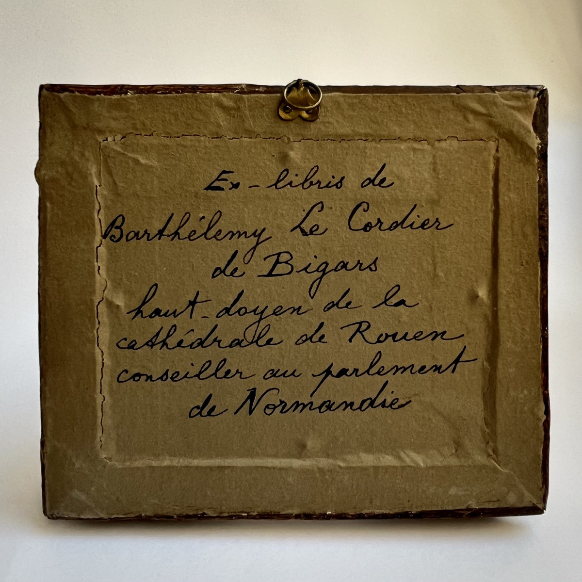 Ex-libris de Barthélémy Le Cordier de Bigars à Rouen cadre en bois sculpté du XVIIe siècle 17e-photo-6