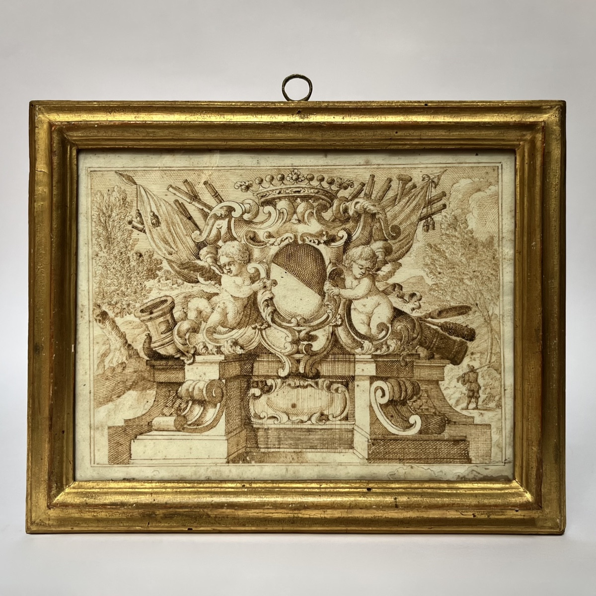 Dessin XVIIe à la plume - Monument aux armes de la famille Capponi - Florence Italie 17e siècle-photo-2