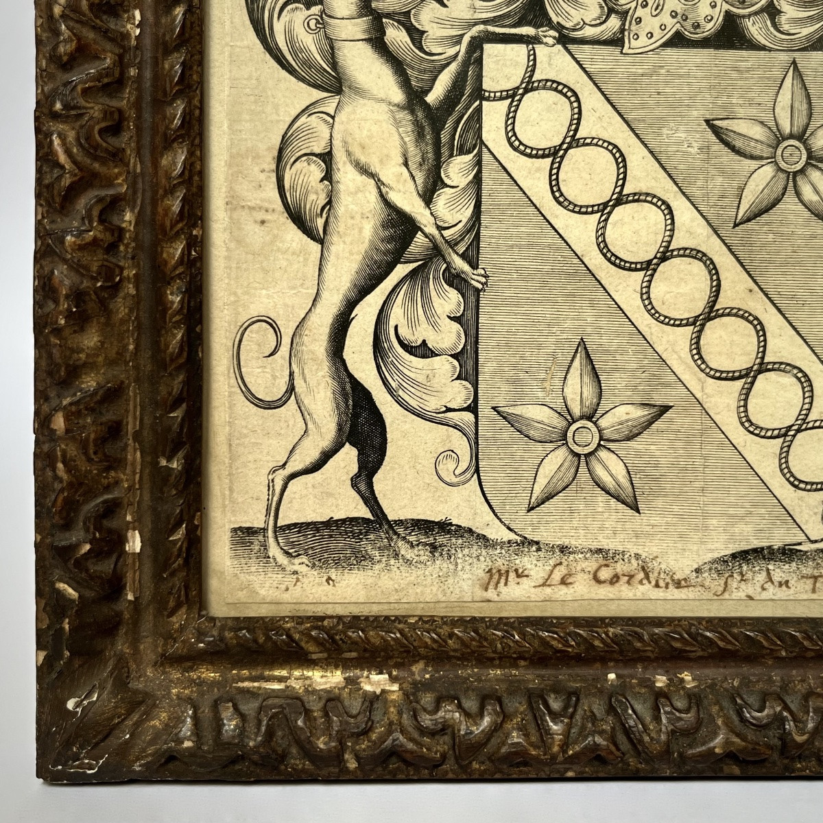 Ex-libris de Nicolas VI Le Cordier seigneur du Tronc cadre en bois sculpté du XVIIe siècle 17e-photo-1